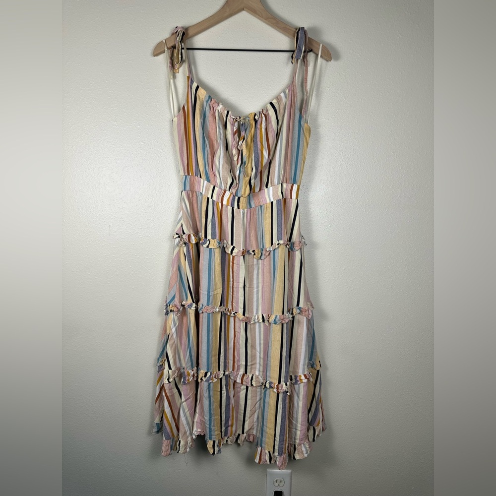 PINCH Women's Large Bohemian Chic Multicolor‎ Tiered Ruffle Striped Midi Dress
